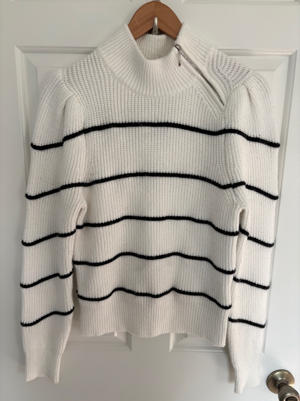 White House Black Market M White Ribbed Turtleneck Sweater with Black Stripes